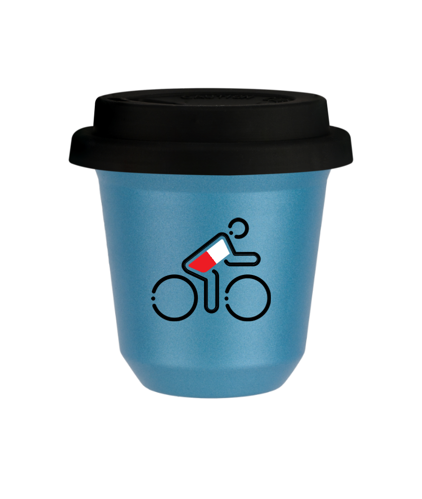 Tasse 80 ml BLEU CLAIR MÉTALLIQUE "Cycliste aux couleurs polonaises (noir)", avec couvercle noir