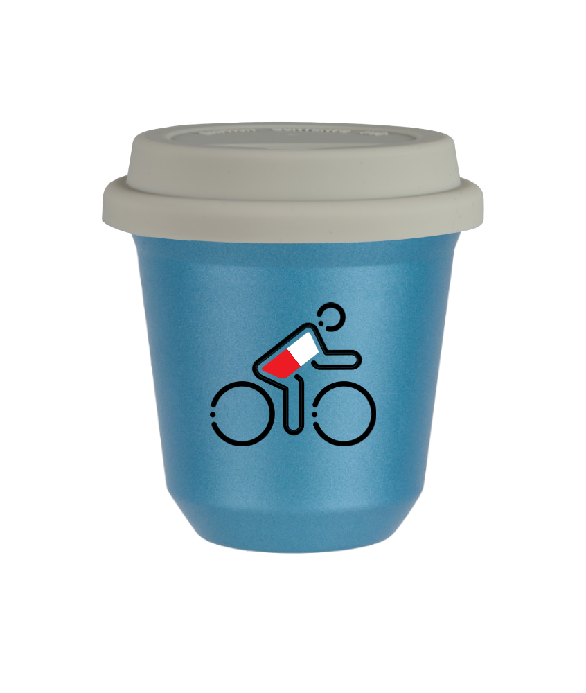 Tasse 80 ml BLEU CLAIR MÉTALLIQUE "Cycliste aux couleurs polonaises (noir)", avec couvercle blanc