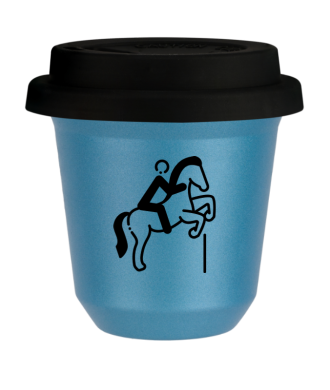 Tasse 80 ml BLEU CLAIR MÉTALLIQUE "Équitation 1 (noir)", avec couvercle noir Tasse 80 ml BLEU CLAIR MÉTALLIQUE "Équitation 1 (noir)", avec couvercle noir
