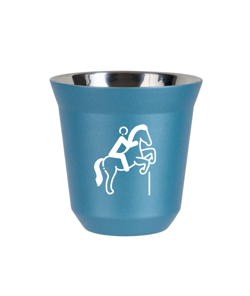 Tasse 80 ml BLEU CLAIR MÉTALLIQUE "Équitation 1 (blanc)"