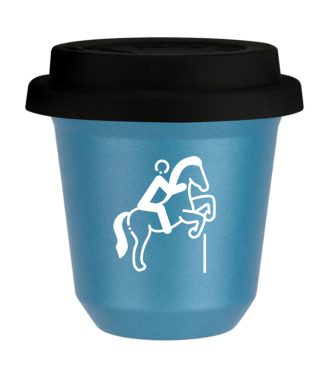Tasse 80 ml BLEU CLAIR MÉTALLIQUE "Équitation 1 (blanc)", avec couvercle noir Tasse 80 ml BLEU CLAIR MÉTALLIQUE "Équitation 1 (blanc)", avec couvercle noir
