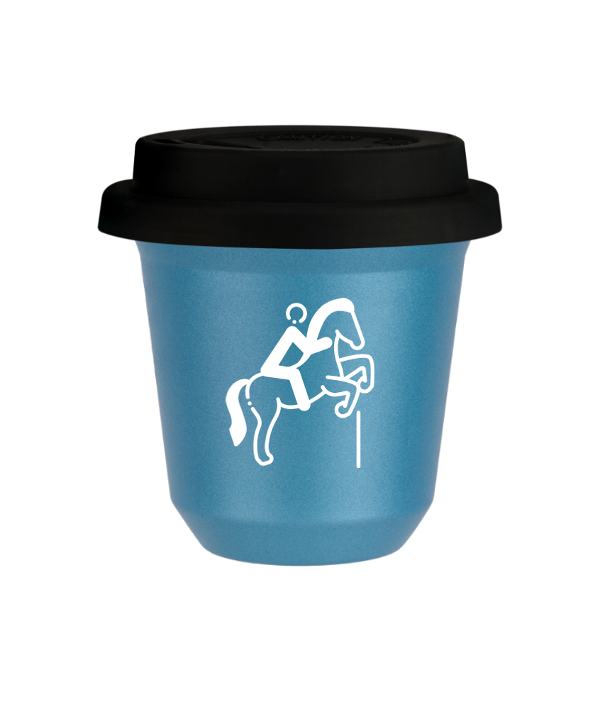 Tasse 80 ml BLEU CLAIR MÉTALLIQUE "Équitation 1 (blanc)", avec couvercle noir