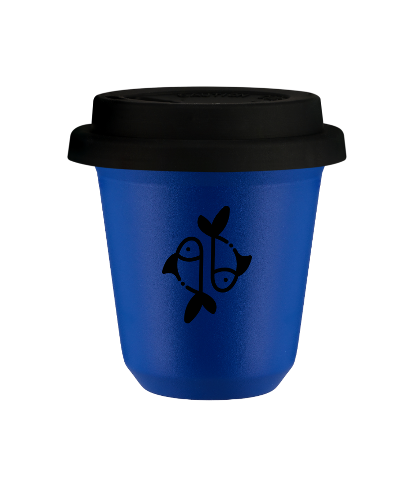 Tasse 80 ml BLEU "Poissons (noir)", avec couvercle noir Tasse 80 ml BLEU "Poissons (noir)", avec couvercle noir