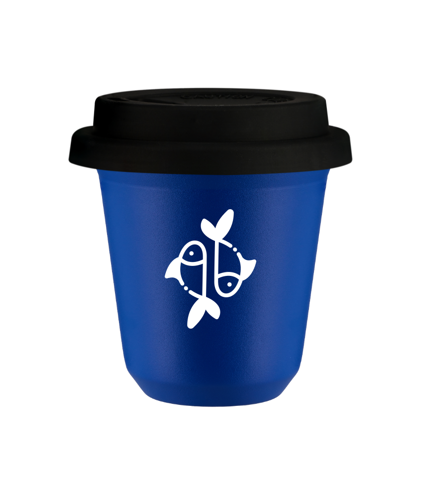 Tasse 80 ml BLEU "Poissons (blanc)", avec couvercle noir Tasse 80 ml BLEU "Poissons (blanc)", avec couvercle noir