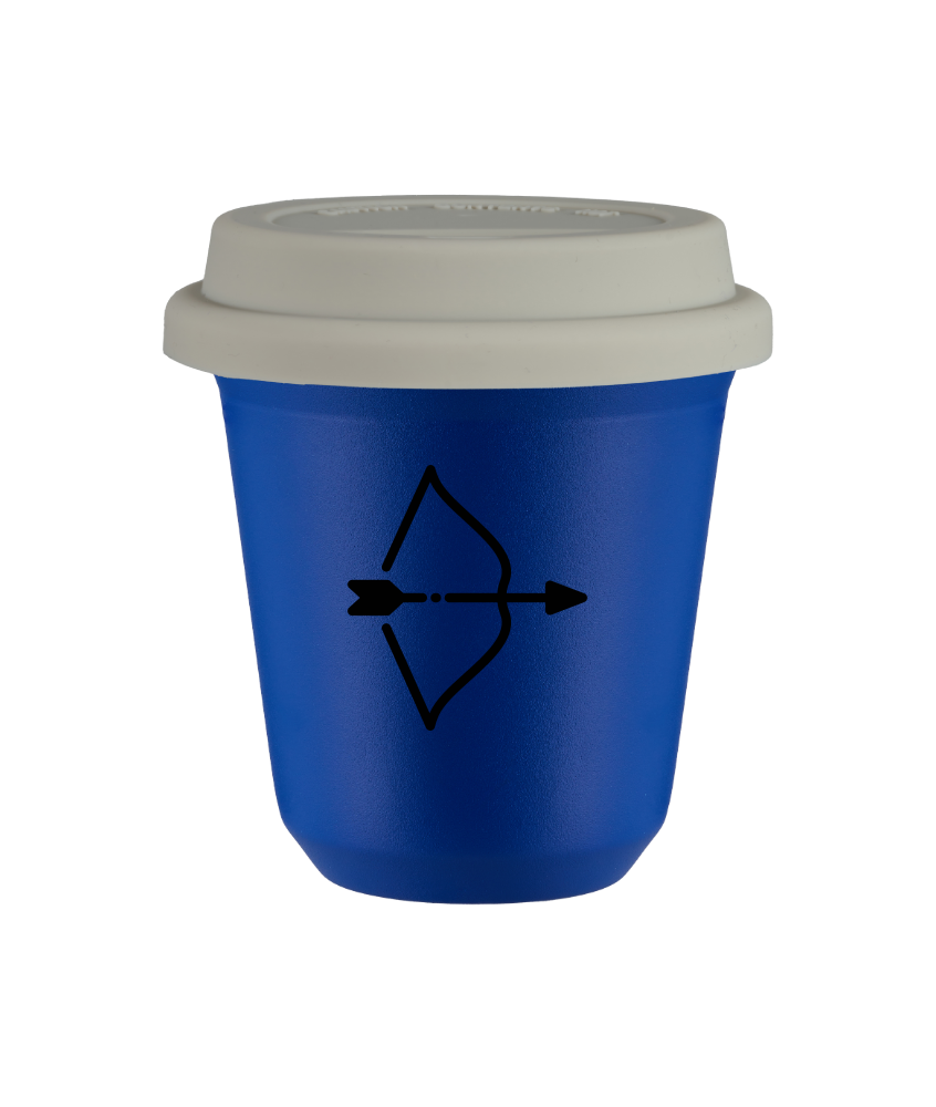 Tasse 80 ml BLEU "Sagittaire", avec couvercle blanc Tasse 80 ml BLEU "Sagittaire", avec couvercle blanc