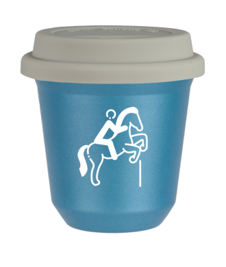 Tasse 80 ml BLEU CLAIR MÉTALLIQUE "Équitation 1 (blanc)", avec couvercle blanc Tasse 80 ml BLEU CLAIR MÉTALLIQUE "Équitation 1 (blanc)", avec couvercle blanc