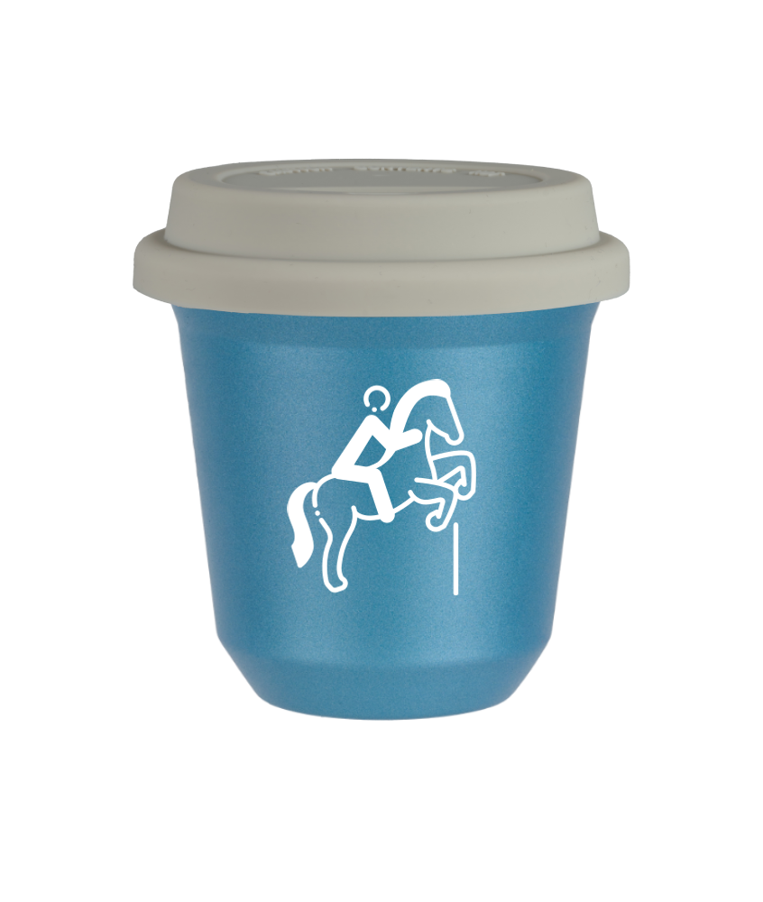 Tasse 80 ml BLEU CLAIR MÉTALLIQUE "Équitation 1 (blanc)", avec couvercle blanc