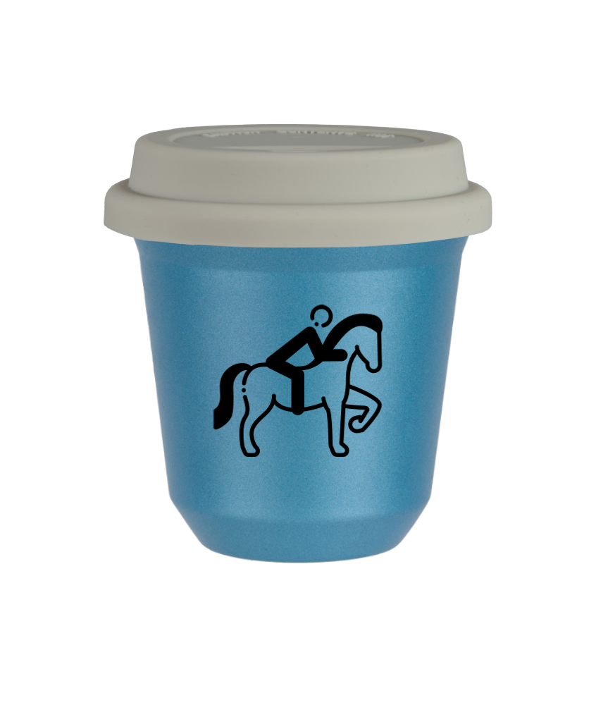 Tasse 80 ml BLEU CLAIR MÉTALLIQUE "Équitation 2 (noir)", avec couvercle blanc