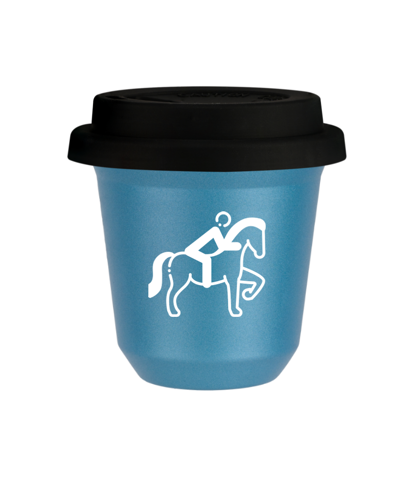 Tasse 80 ml BLEU CLAIR MÉTALLIQUE "Équitation 2 (blanc)", avec couvercle noir