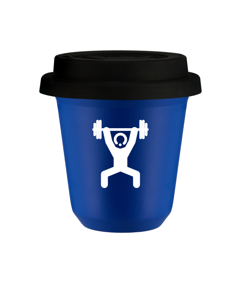 Tasse 80 ml BLEU "Homme fort 1 (blanc)", avec couvercle noir Tasse 80 ml BLEU "Homme fort 1 (blanc)", avec couvercle noir