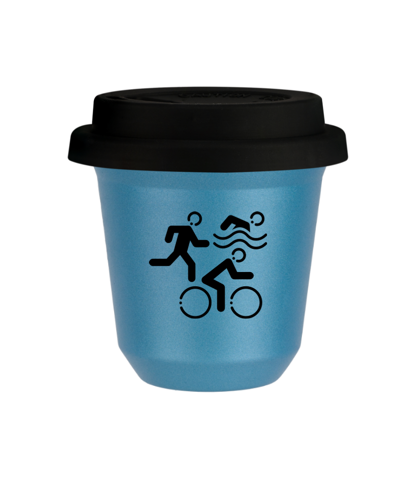 Tasse 80 ml BLEU CLAIR MÉTALLIQUE "Sports (noir)", avec couvercle noir
