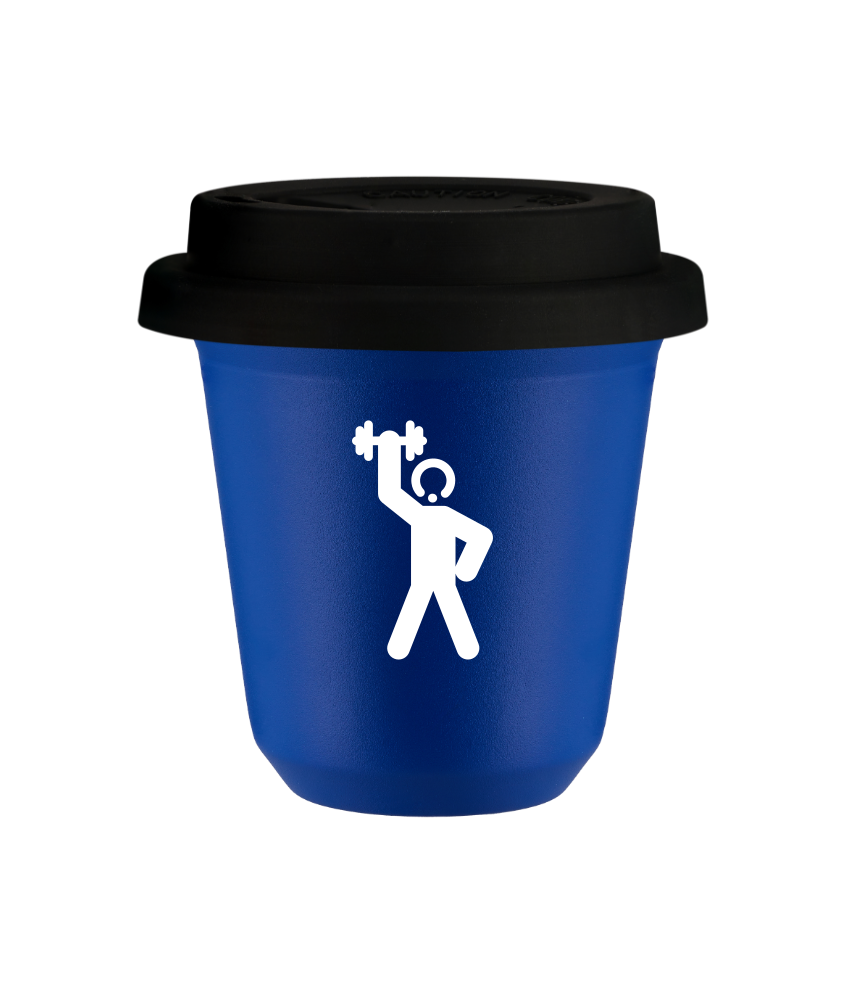 Tasse 80 ml BLEU "Homme fort 2 (blanc)", avec couvercle noir Tasse 80 ml BLEU "Homme fort 2 (blanc)", avec couvercle noir