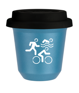 Tasse 80 ml BLEU CLAIR MÉTALLIQUE "Sports (blanc)", avec couvercle noir Tasse 80 ml BLEU CLAIR MÉTALLIQUE "Sports (blanc)", avec couvercle noir