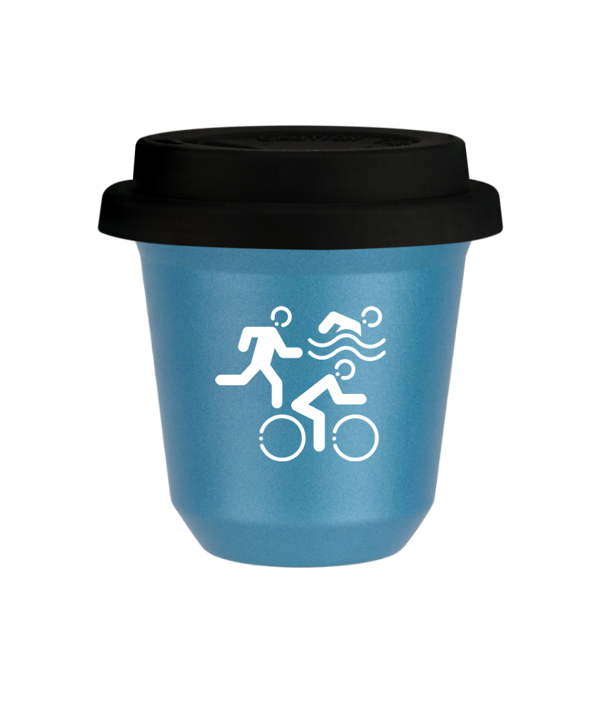Tasse 80 ml BLEU CLAIR MÉTALLIQUE "Sports (blanc)", avec couvercle noir