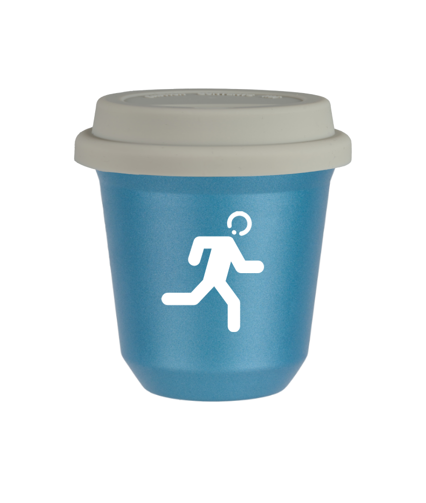 Tasse 80 ml BLEU CLAIR MÉTALLIQUE "Coureur (blanc)", avec couvercle blanc