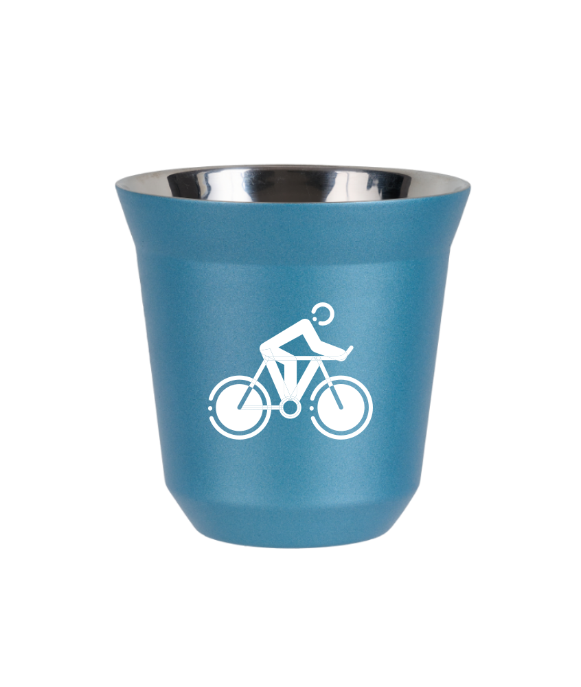 Tasse 80 ml BLEU CLAIR MÉTALLIQUE "Cyclisme 2 (blanc)"