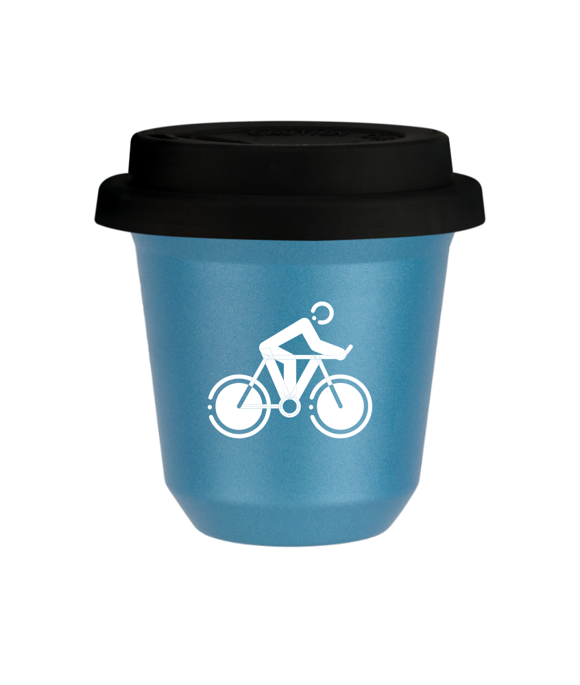 Tasse 80 ml BLEU CLAIR MÉTALLIQUE "Cyclisme 2 (blanc)", avec couvercle noir