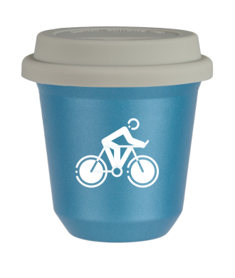 Tasse 80 ml BLEU CLAIR MÉTALLIQUE "Cyclisme 2 (blanc)", avec couvercle blanc Tasse 80 ml BLEU CLAIR MÉTALLIQUE "Cyclisme 2 (blanc)", avec couvercle blanc