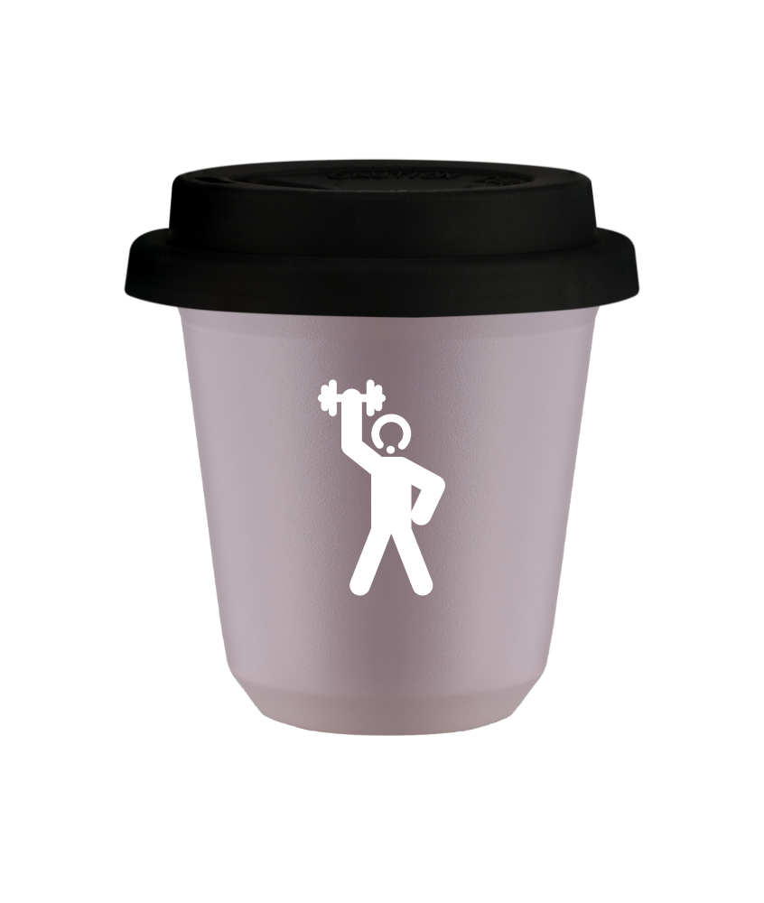 Tasse 80 ml LAVANDE "Homme fort 2 (blanc)", avec couvercle noir Tasse 80 ml LAVANDE "Homme fort 2 (blanc)", avec couvercle noir