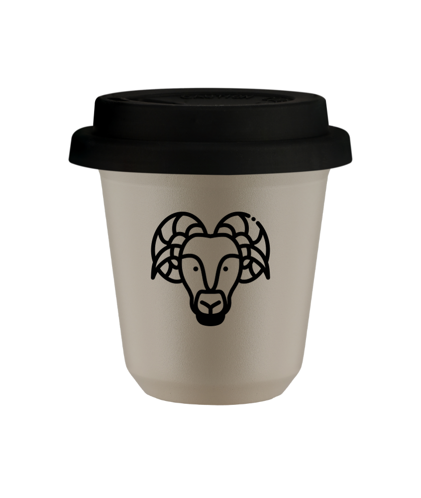 Tasse 80 ml BEIGE "Bélier", avec couvercle noir Tasse 80 ml BEIGE "Bélier", avec couvercle noir