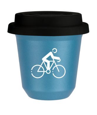 Tasse 80 ml BLEU CLAIR MÉTALLIQUE "Cyclisme 3 (blanc)", avec couvercle noir Tasse 80 ml BLEU CLAIR MÉTALLIQUE "Cyclisme 3 (blanc)", avec couvercle noir
