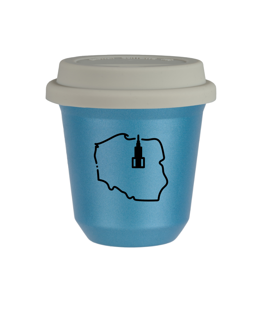 Tasse 80 ml BLEU CLAIR MÉTALLIQUE "Pologne", avec couvercle blanc
