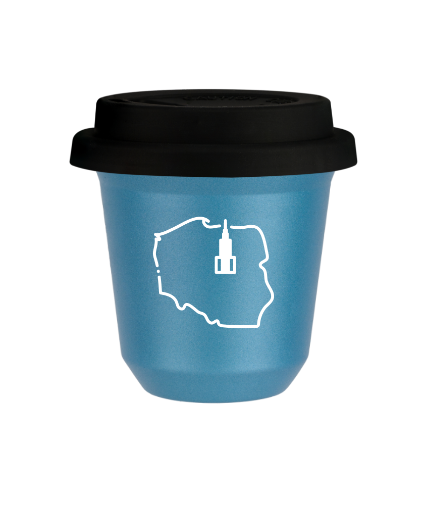Tasse 80 ml BLEU CLAIR MÉTALLIQUE "Pologne (blanc)", avec couvercle noir