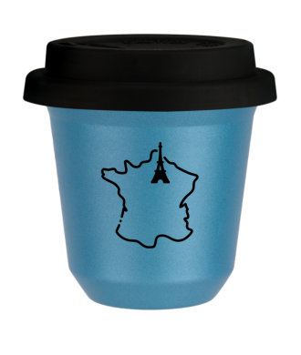 Tasse 80 ml BLEU CLAIR MÉTALLIQUE "France", avec couvercle noir Tasse 80 ml BLEU CLAIR MÉTALLIQUE "France", avec couvercle noir