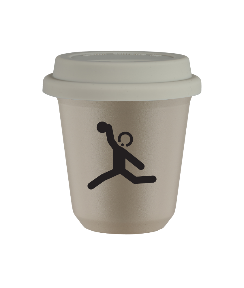 Tasse 80 ml BEIGE "Lancer du disque (noir)", avec couvercle blanc Tasse 80 ml BEIGE "Lancer du disque (noir)", avec couvercle blanc
