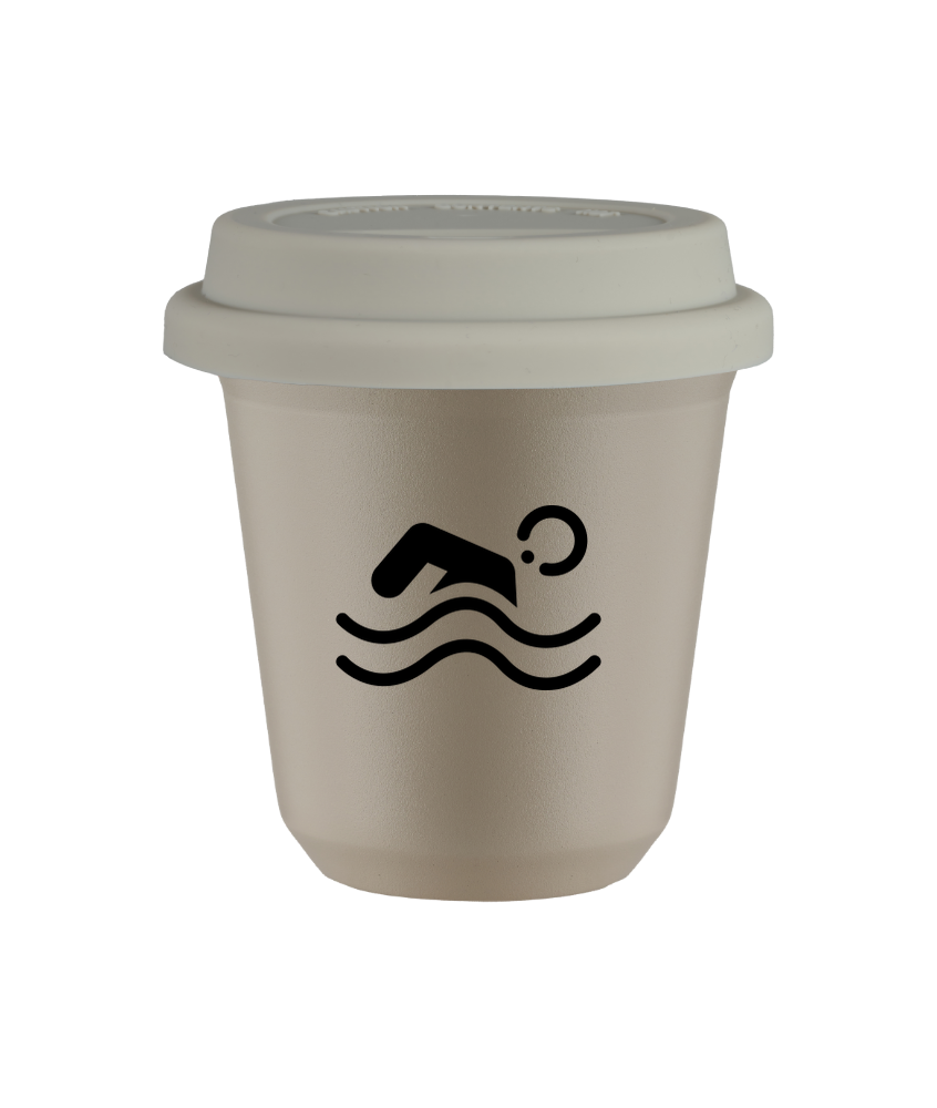 Tasse 80 ml BEIGE "Natation", avec couvercle blanc