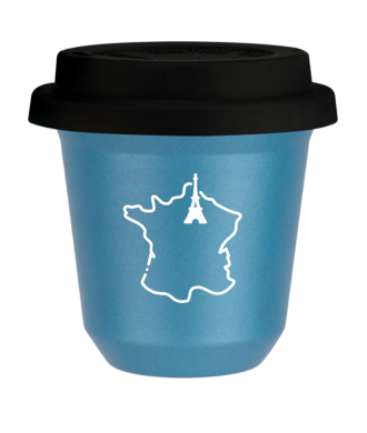 Tasse 80 ml BLEU CLAIR MÉTALLIQUE "France (blanc)", avec couvercle noir Tasse 80 ml BLEU CLAIR MÉTALLIQUE "France (blanc)", avec couvercle noir