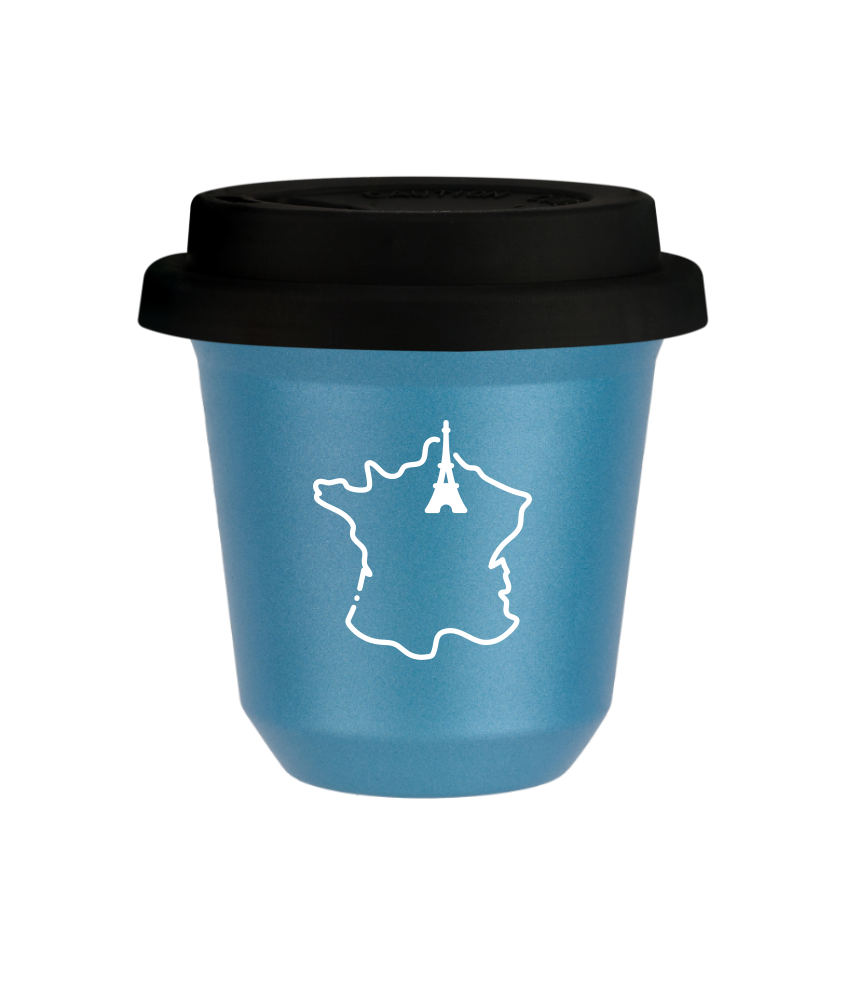 Tasse 80 ml BLEU CLAIR MÉTALLIQUE "France (blanc)", avec couvercle noir
