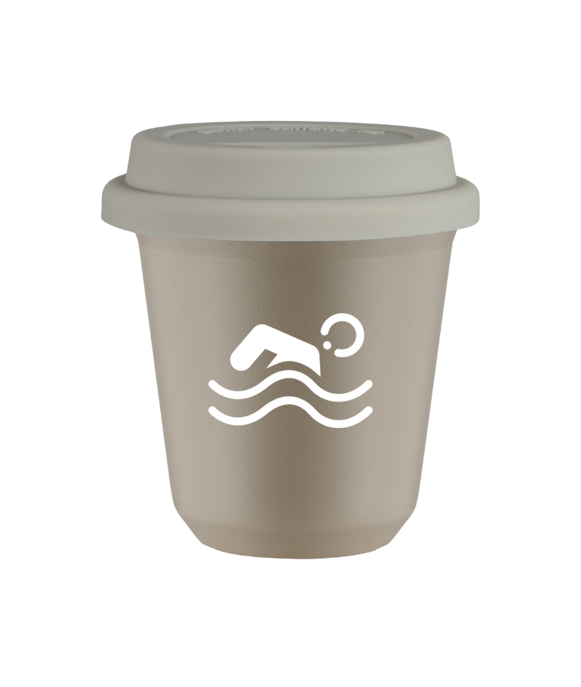 Tasse 80 ml BEIGE "Natation (blanc)", avec couvercle blanc Tasse 80 ml BEIGE "Natation (blanc)", avec couvercle blanc