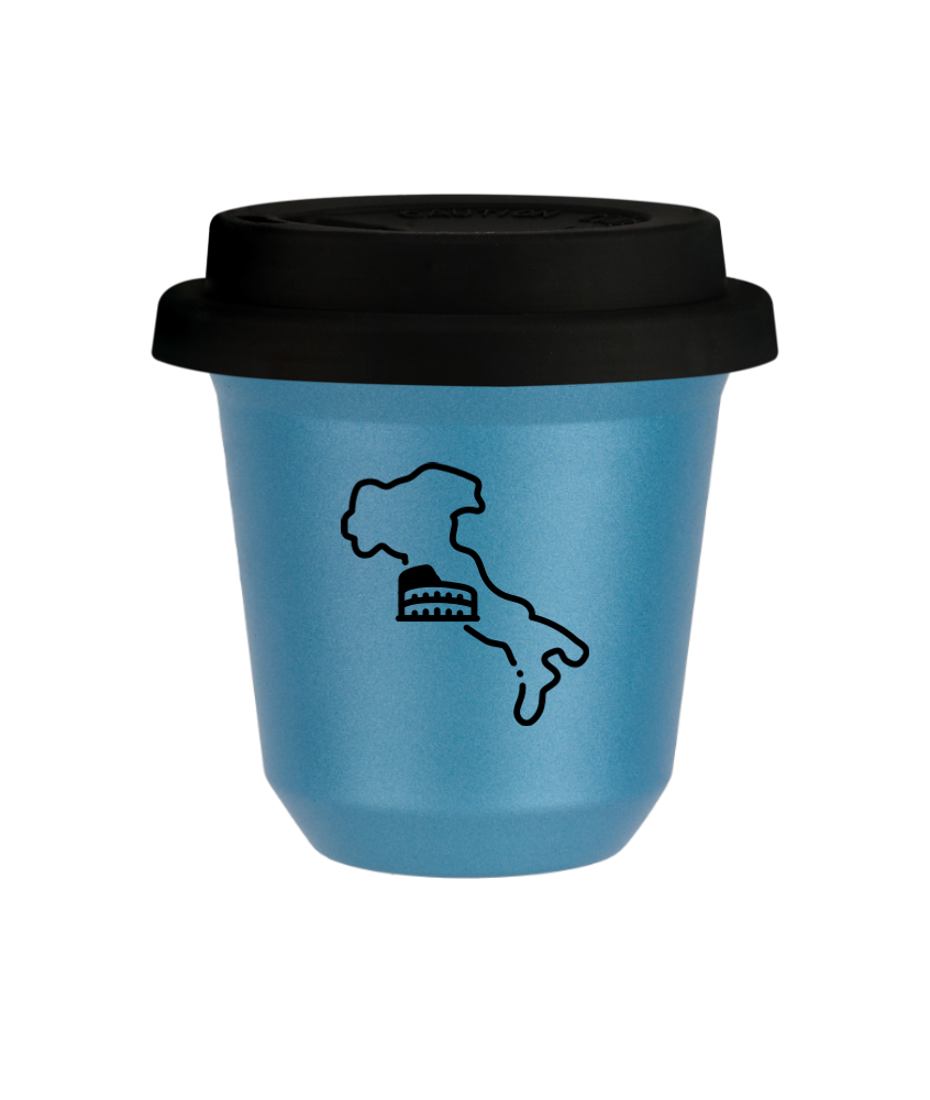 Tasse 80 ml BLEU CLAIR MÉTALLIQUE "Italie", avec couvercle noir