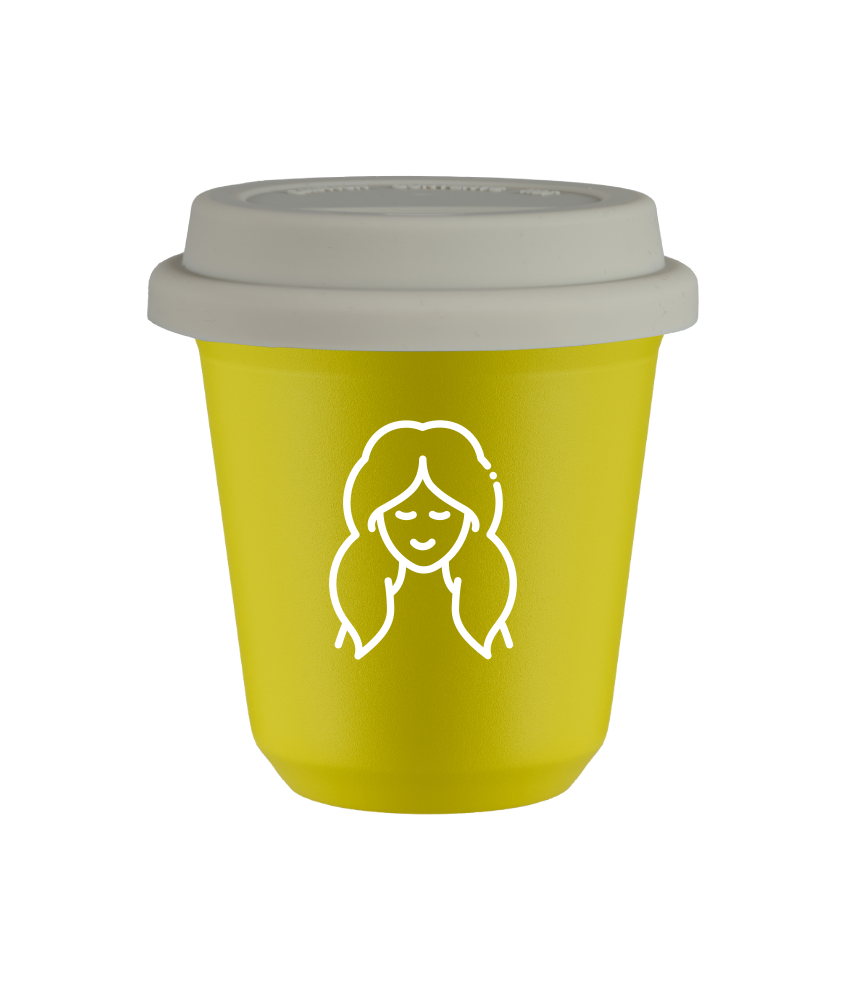 Tasse 80 ml JAUNE "Vierge (blanc)", avec couvercle blanc Tasse 80 ml JAUNE "Vierge (blanc)", avec couvercle blanc