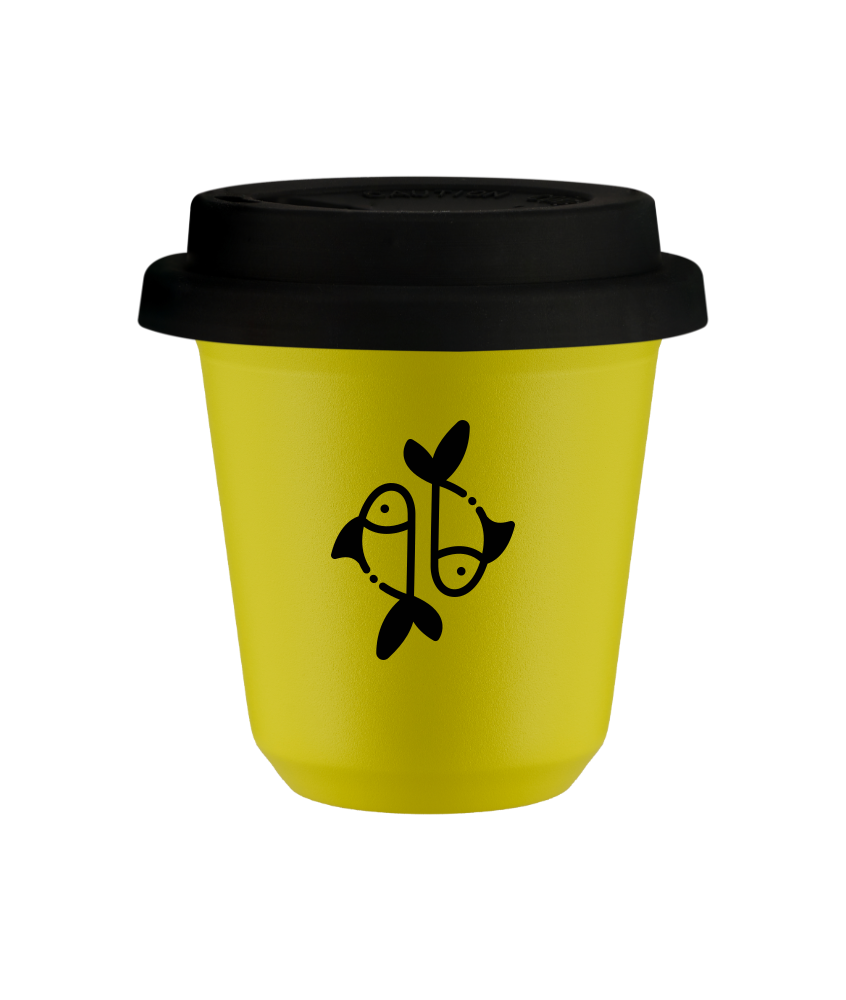 Tasse 80 ml JAUNE "Poissons", avec couvercle noir Tasse 80 ml JAUNE "Poissons", avec couvercle noir
