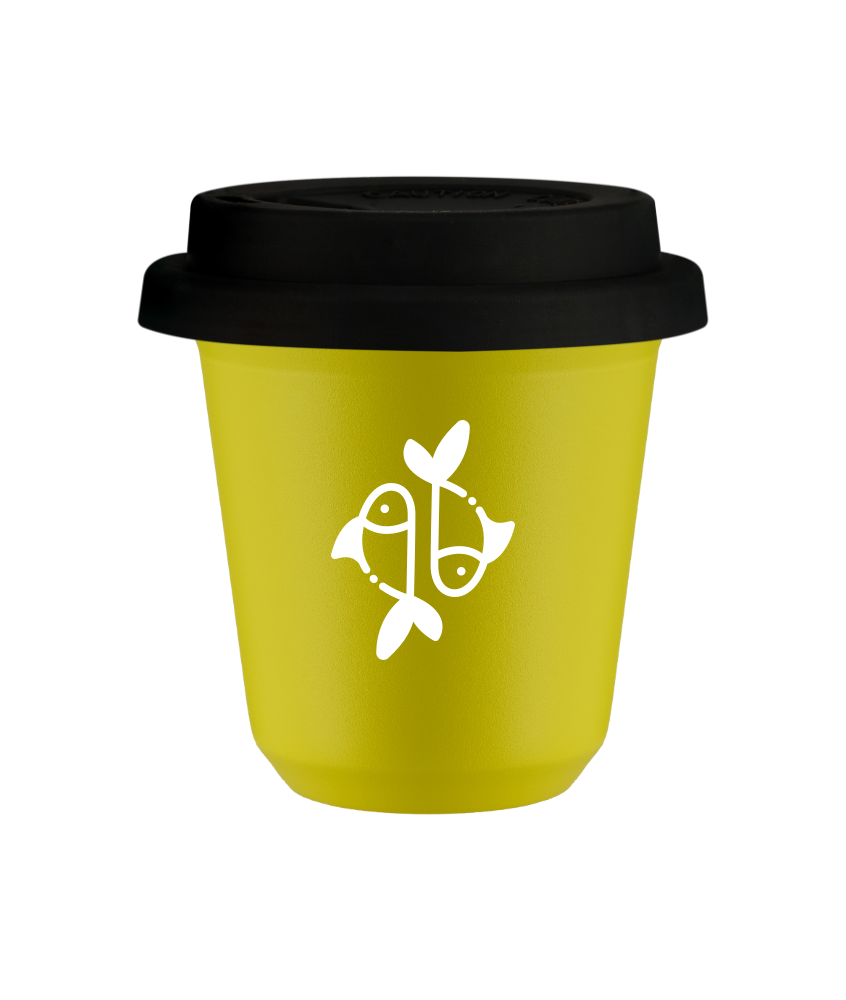 Tasse 80 ml JAUNE "Poissons (blanc)", avec couvercle noir