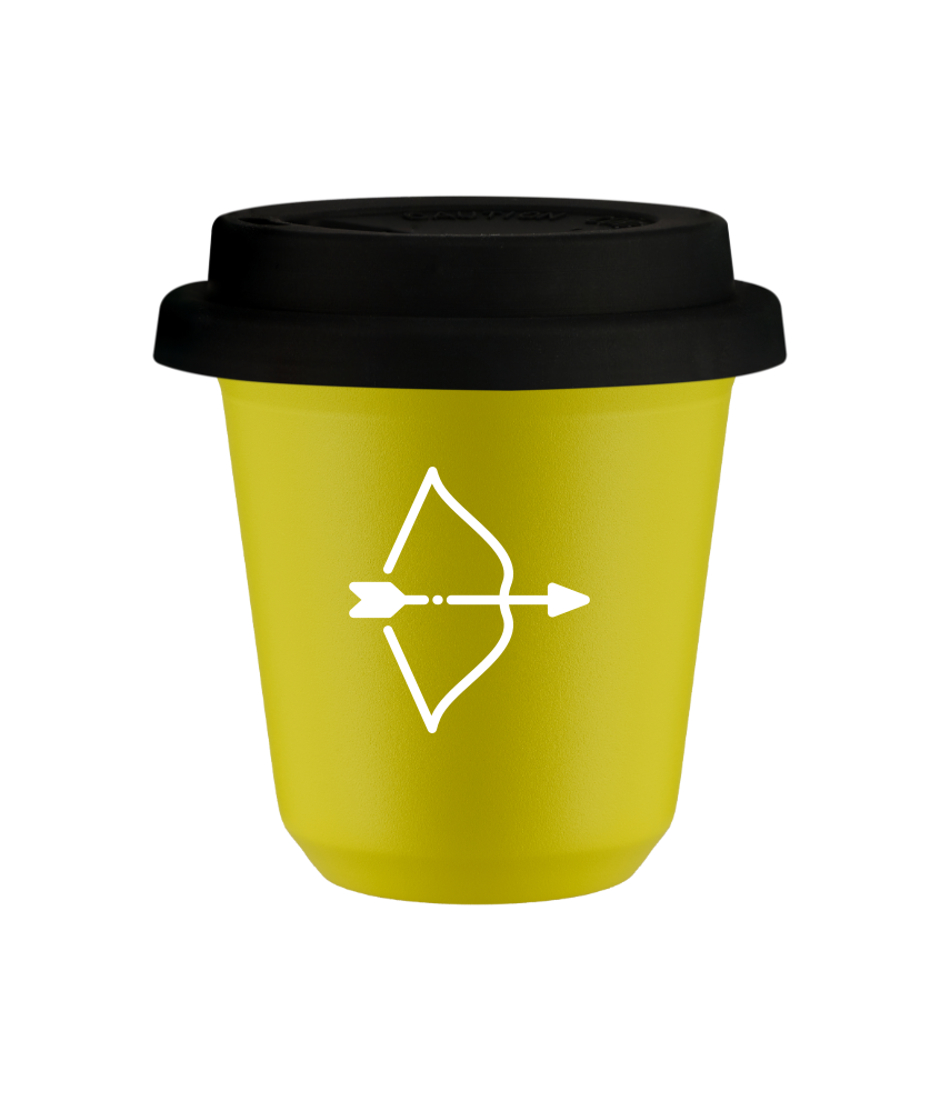 Tasse 80 ml JAUNE "Sagittaire (blanc)", avec couvercle noir Tasse 80 ml JAUNE "Sagittaire (blanc)", avec couvercle noir