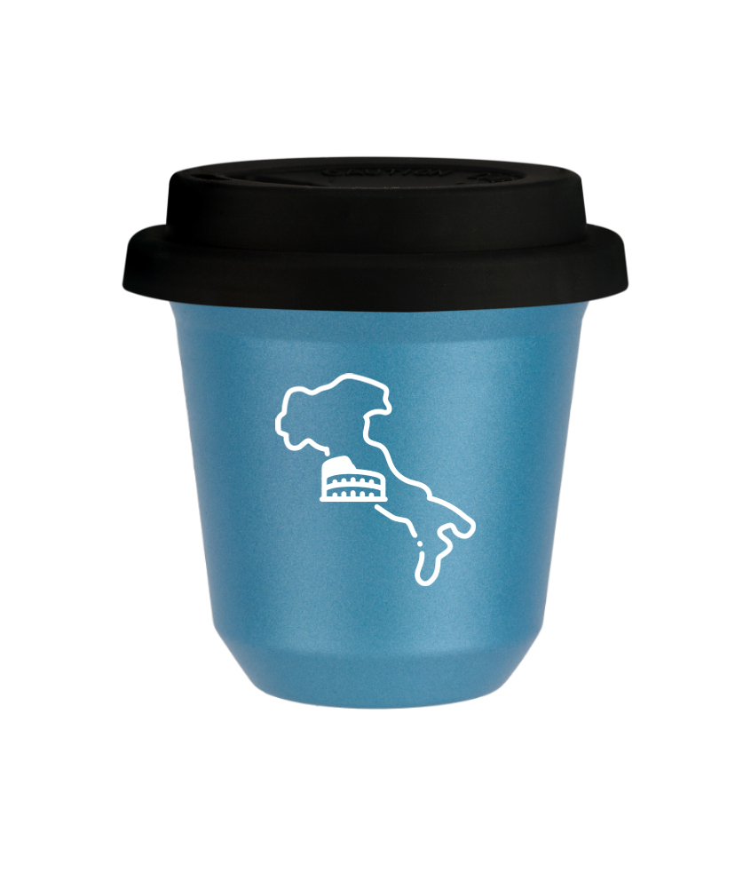 Tasse 80 ml BLEU CLAIR MÉTALLIQUE "Italie (blanc)", avec couvercle noir