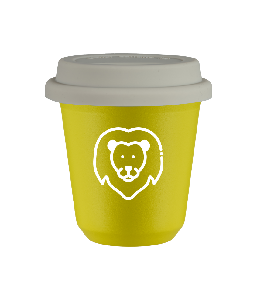 Tasse 80 ml JAUNE "Lion (blanc)", avec couvercle blanc Tasse 80 ml JAUNE "Lion (blanc)", avec couvercle blanc