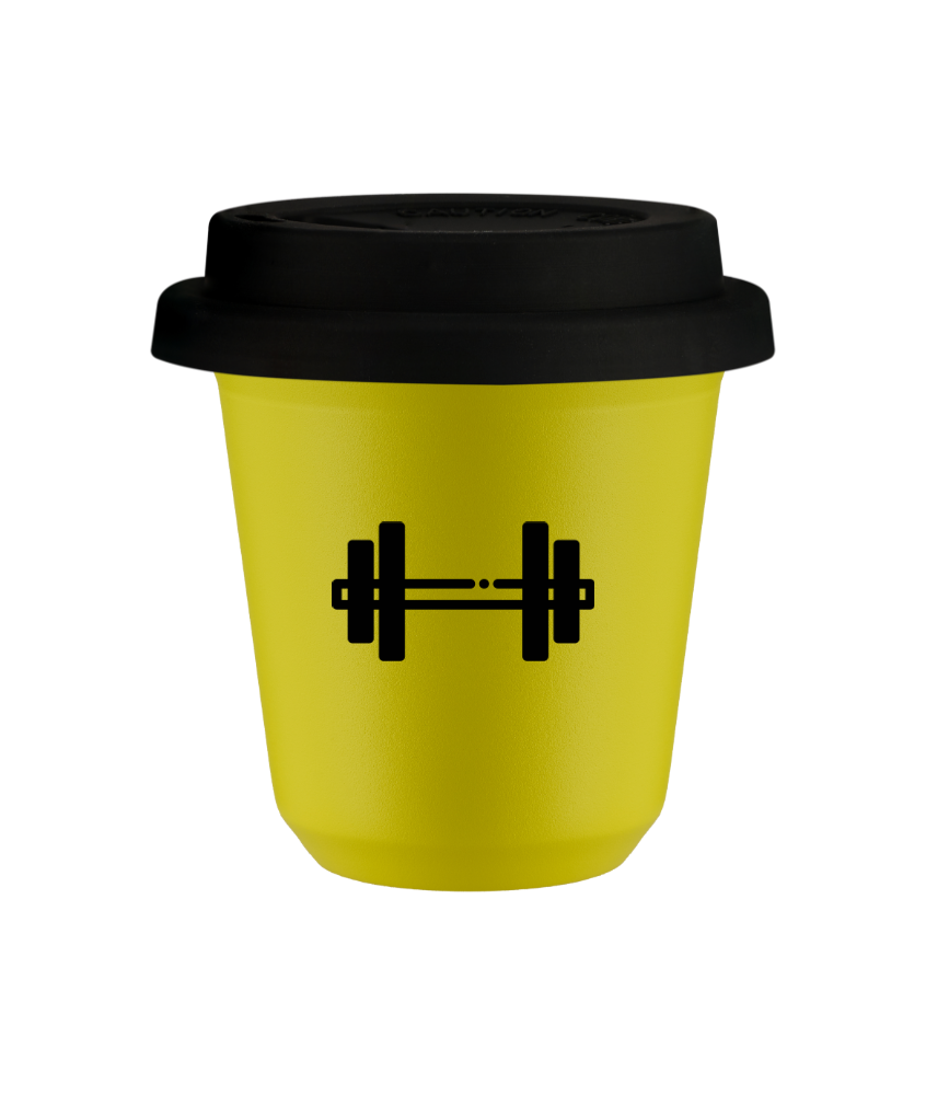 Tasse 80 ml JAUNE "Haltère (noir)", avec couvercle noir Tasse 80 ml JAUNE "Haltère (noir)", avec couvercle noir