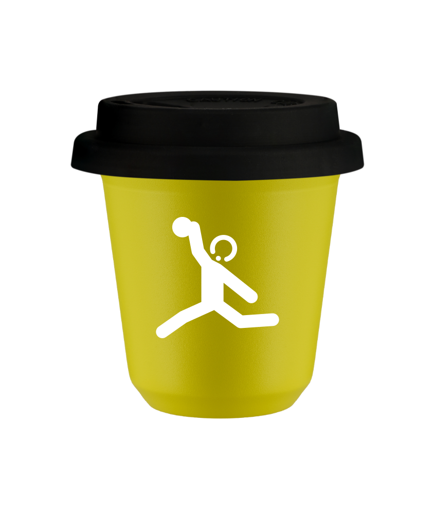 Tasse 80 ml JAUNE "Lancer du disque (blanc)", avec couvercle noir
