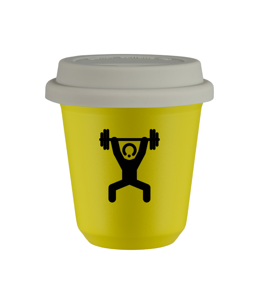Tasse 80 ml JAUNE "Homme fort 1 (noir)", avec couvercle blanc