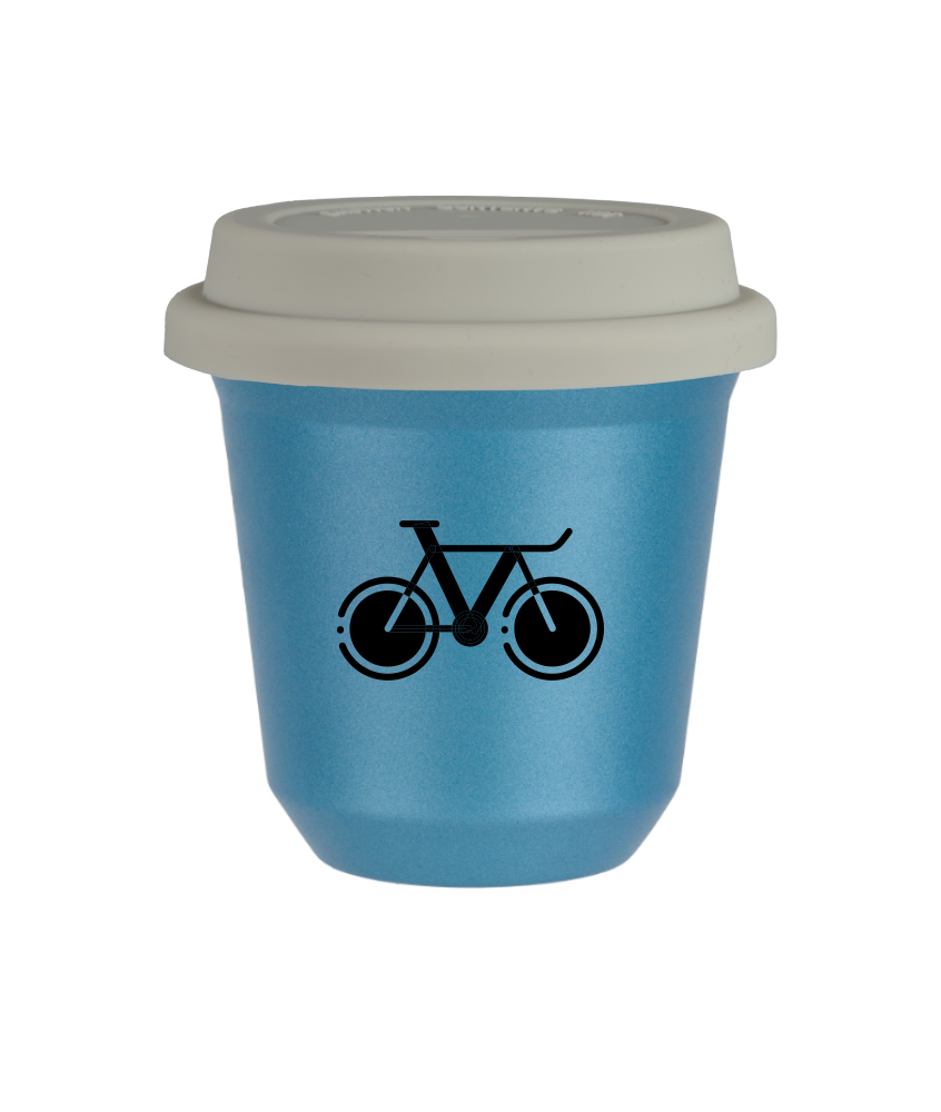 Tasse 80 ml BLEU CLAIR MÉTALLIQUE "Vélo 1 (noir)", avec couvercle blanc