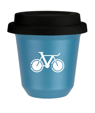 Tasse 80 ml BLEU CLAIR MÉTALLIQUE "Vélo 1 (blanc)", avec couvercle noir Tasse 80 ml BLEU CLAIR MÉTALLIQUE "Vélo 1 (blanc)", avec couvercle noir