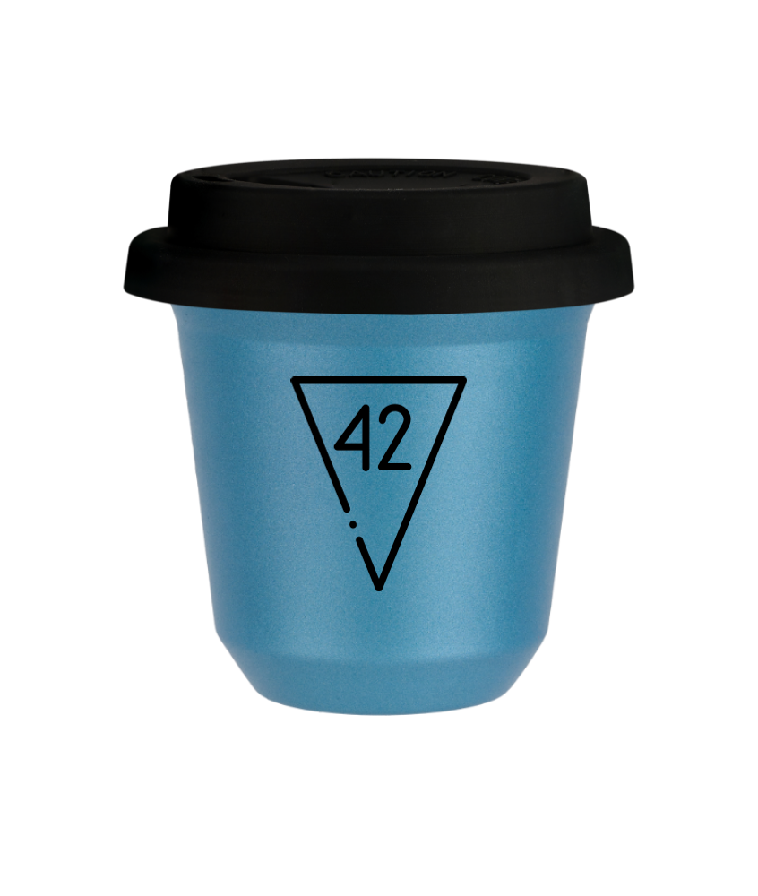 Tasse 80 ml BLEU CLAIR MÉTALLIQUE "42 (noir)", avec couvercle noir