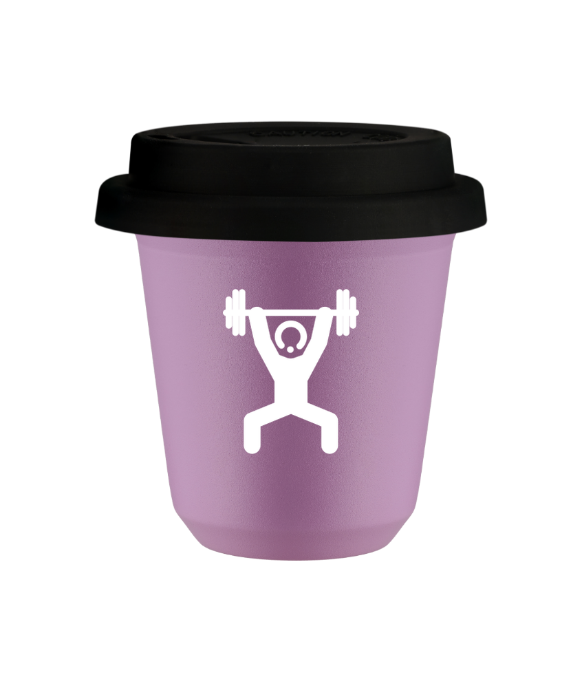 Tasse 80 ml LILAS "Homme fort 1 (blanc)", avec couvercle noir