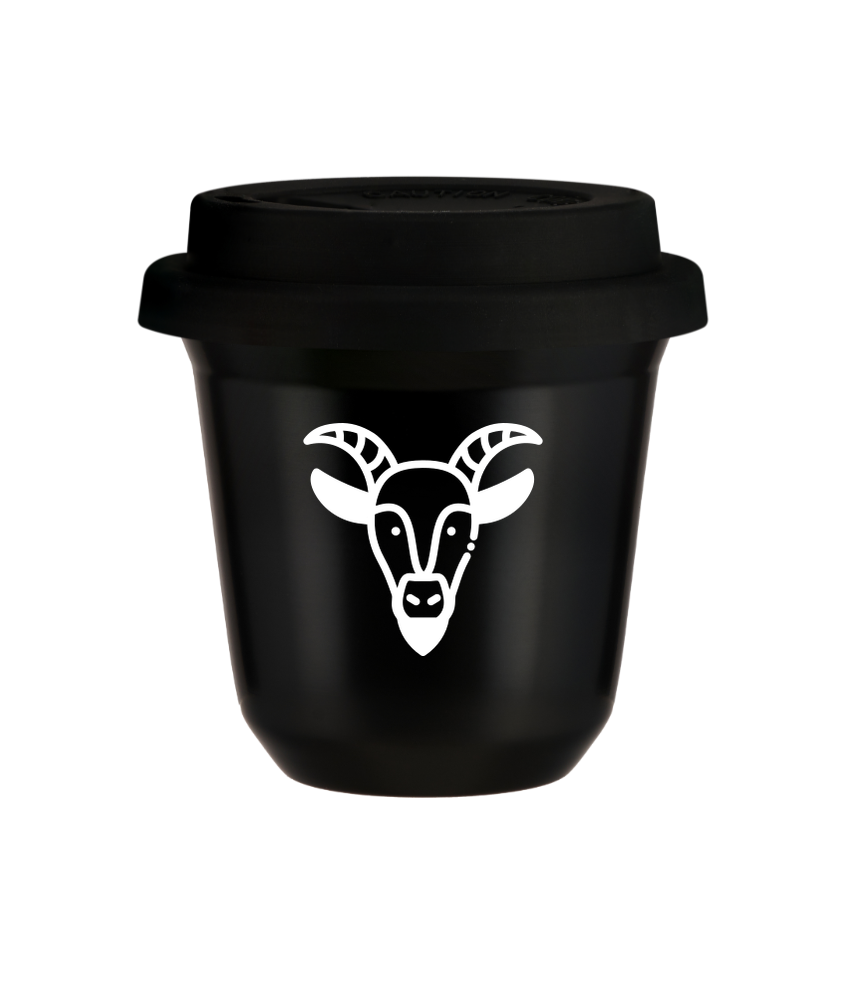 Tasse 150 ml NOIR "Capricorne (blanc)", avec couvercle noir Tasse 150 ml NOIR "Capricorne (blanc)", avec couvercle noir
