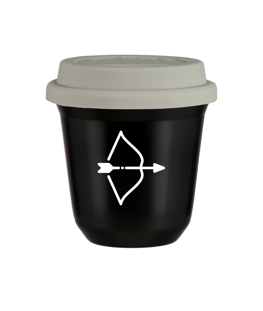 Tasse 150 ml NOIR "Sagittaire (blanc)", avec couvercle blanc Tasse 150 ml NOIR "Sagittaire (blanc)", avec couvercle blanc