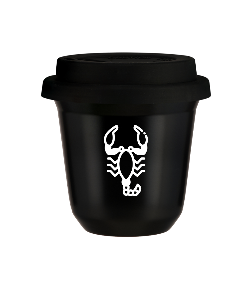 Tasse 150 ml NOIR "Scorpion (blanc)", avec couvercle noir Tasse 150 ml NOIR "Scorpion (blanc)", avec couvercle noir